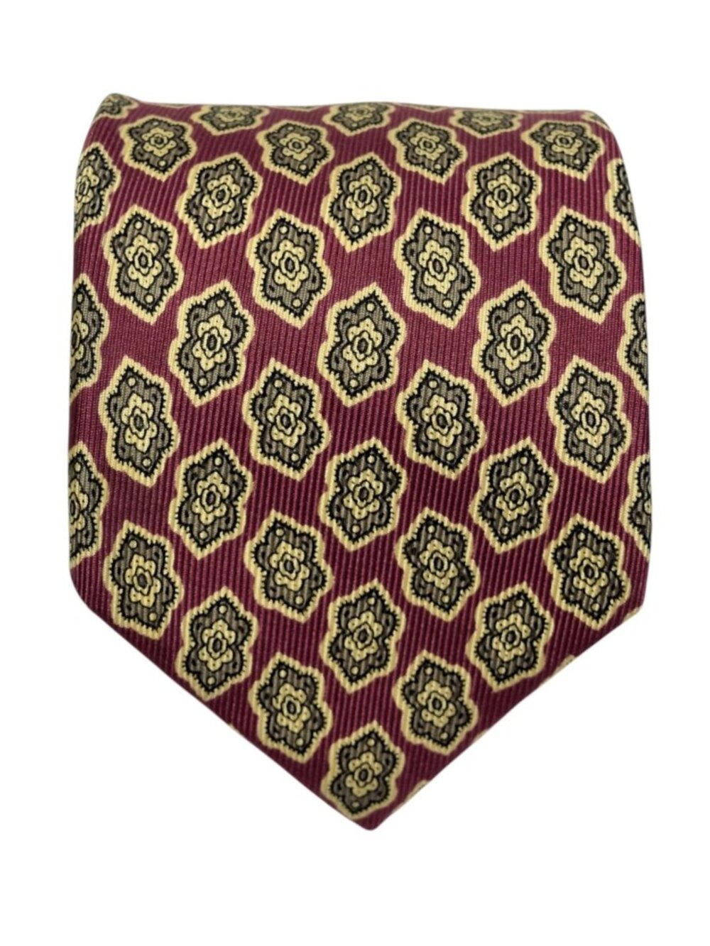 VTG Burberrys of London Silk Tie Maroon Gold Medallion Hand Sewn USA 3.5" Wide